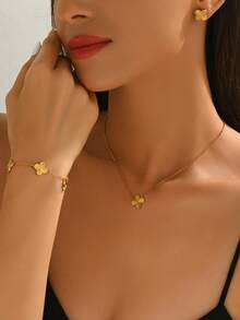 1 Set de Joyería de Acero Inoxidable con Diseño de Textura Floral en Estilo Minimalista, Adecuado para Uso Diario de Mujeres - Amarillo Oro - Ver 5