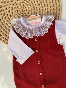 Ema Button Knit Set Girl Bodysuit Overalls Baby Romper - 紫紅色 - 查看 2