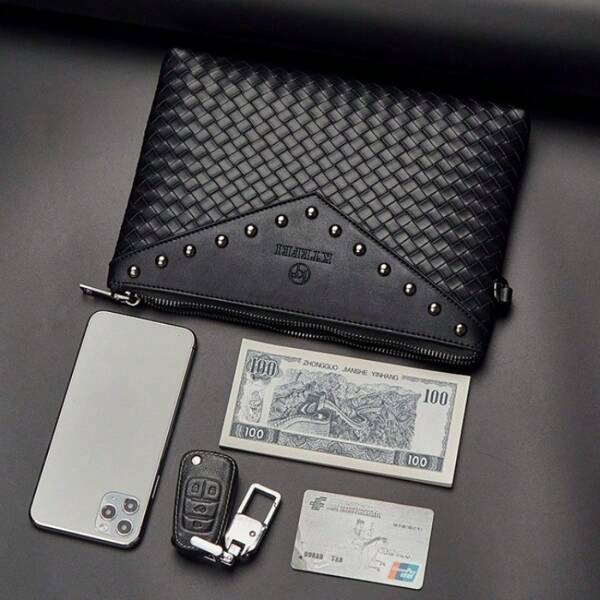 Fashionable Retro Rivet Clutch Bag - PU Weaving Waterproof And Anti-Theft Compartment Zipper Handheld Big Purse/Long Wallet/Handbag - Can Store Id Cards,Passports,Keys,Mobile Phones,And Credit Cards,Suitable For Daily Commuting,Shopping And Travel