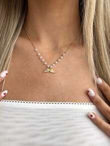 Shescity 4件套海岸风贝壳翅膀珍珠项链套装（女士款） - 金黃色 - 查看 2