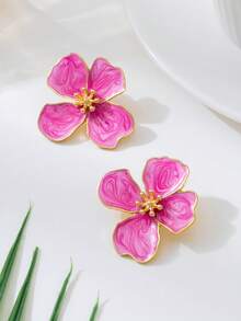 1 Cặp bông tai kim loại hình hoa bất đối xứng dành cho nữ, Quà tặng đám cưới - Hồng - Xem 2