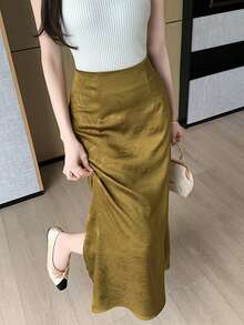 1 件竹叶图案新中式复古缎面舒适飘逸开叉下摆半身裙，适合所有季节 - 黃色 - 查看 8