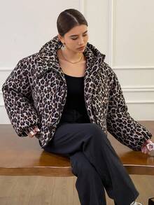 Livesso Leopard Print Loose Hooded Long Sleeve Zipper Women's Padded Coat Jacket ,Winter Women Clothes,Winter Coat Women