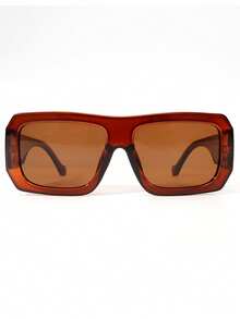 1pc Square Fashion Glasses Retro Personalized Versatile Men's And Women's Fashion Glasses Suitable For Daily Wearing, Street Photography, Vacation, Tourism, Beach Accessories Preppy Style For Back To School Shield Shape Shield Shape Shades - 茶色 - 查看 2