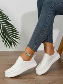 Women's Classic White Casual Shoes, Round Toe, Lace-Up, Slip-On, Lightweight, Leisure, Studnet Sneakers - White - View 3