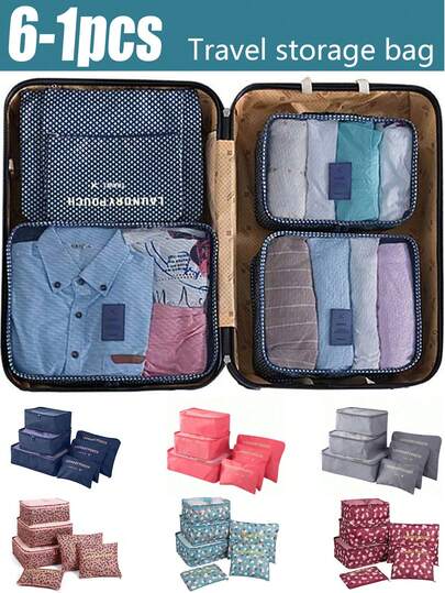 六合一旅行收纳套装：防水洗漱包、多功能收纳袋、大容量收纳袋、化妆包，适合度假、露营、海滩旅行、商务旅行、学校用品。必备单品。