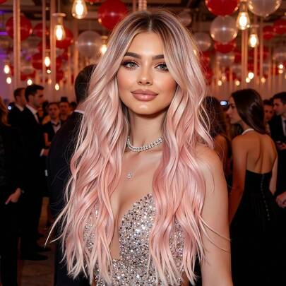 26-Inch Vogue Ombre Pink Wavy Bangs Synthetic Heat-Resistant Fiber Wig, Women Wigs Suitable For Holidays, Parties And Daily Wear