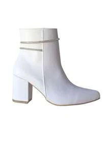 Botines Blancos Mujer Con Tacón Pisanto Liso Básico Elegante Glamour - Blanco con detalle brillante - Ver 3