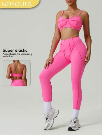 GOSOUER 2 Pezzi Set Co-Ord da Donna, Reggiseno Sportivo Comodo ed Elastico con Spalline Sottili e Schiena Scoperta, Leggings Yoga a Vita Alta per Sollevare il Sedere, Adatti per Attività all'aperto, Corsa, Palestra, Yoga, Sport e Pilates
