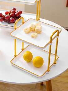 1pc Dual Handle Square 2-Tier Tray - Heavy Duty Plastic Double Layer Cake Stand With Bottom Shelf And Top Display Rack, Suitable For Weddings, Parties, Desserts, Tea/Coffee Service - Elegant Home, Kitchen, Buffet Cart (Gold)