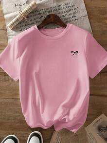 蝴蝶结印花宽松短袖T恤，春夏 - 粉色 - 查看 2