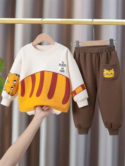 M.Dian xi 2 Peças/Conjunto Moletom e Calça Estampados com Desenhos Animados para Crianças, Manga Longa, Meninos e Meninas, Estilo Coreano para Crianças Pequenas