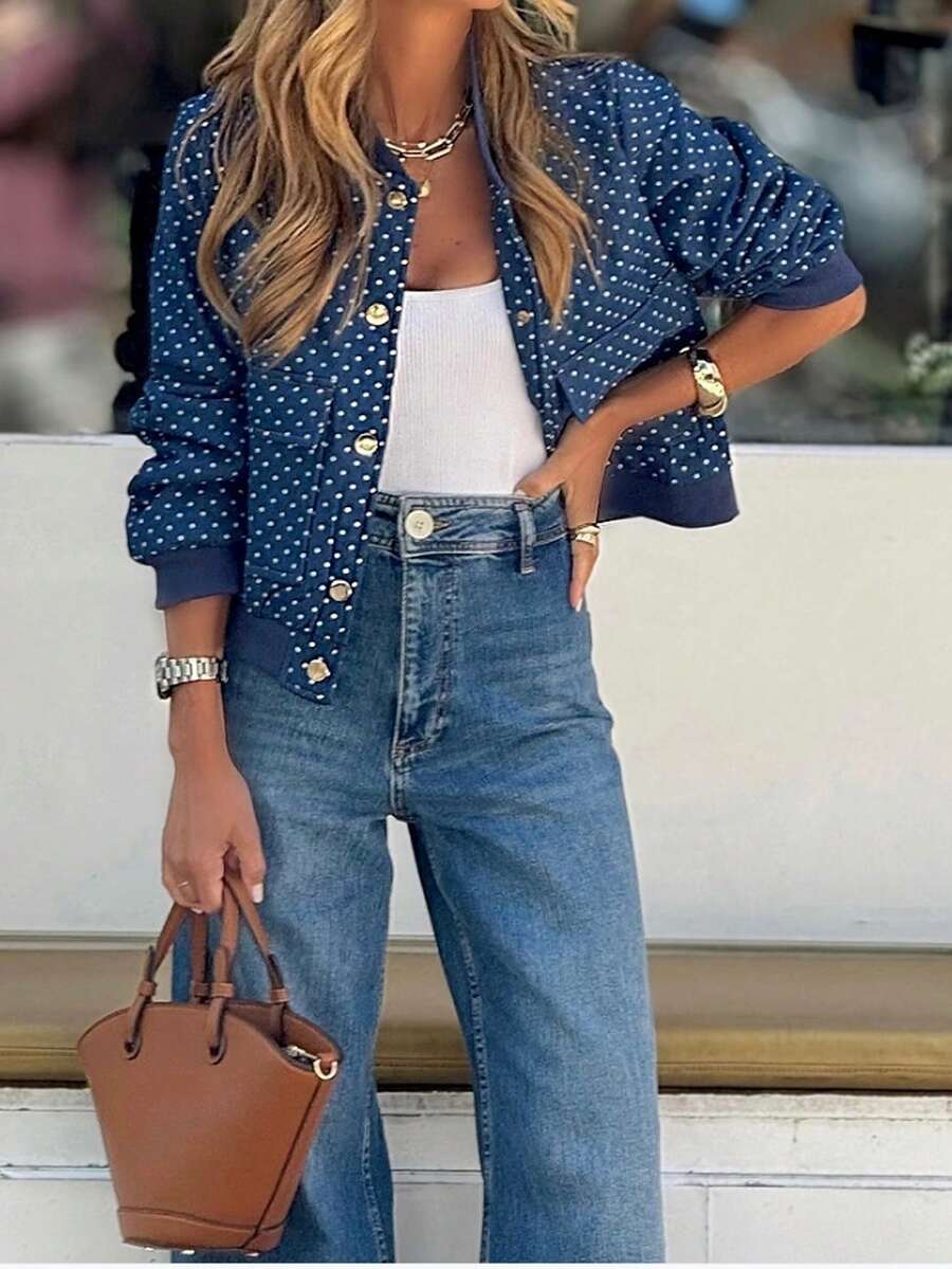 Fashionable Polka Dot Print Casual Jacket, Long Sleeve Lightweight Short Outerwear