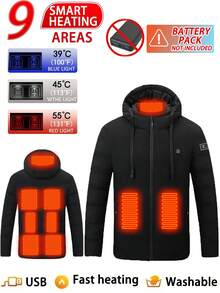 Veste à capuche chauffante pour hommes, couleur unie, manches longues, avec poches zippées. Contrôle unique, 9 zones de chauffage, isolation thermique, manteau d'hiver