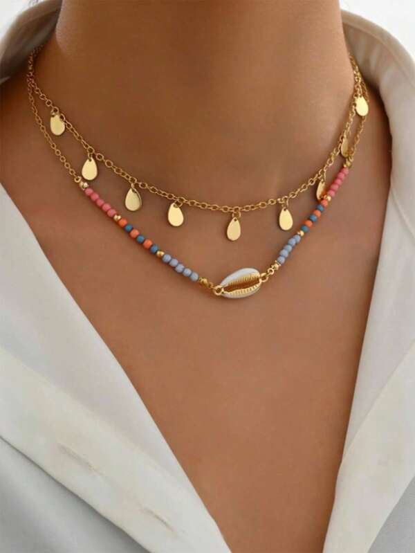 1 pieza Collar de cuentas hecho a mano de 2 capas con estilo bohemio, apto para salidas diarias, reuniones, fiestas, sesiones de fotos (color de cuentas aleatorio, longitud fija)