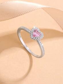 奢华欧美风925纯银心形CZ钻石戒指，高端纯银结婚戒指，情人节送给女友的礼物，女士浪漫珠宝 - 粉色 - 查看 4