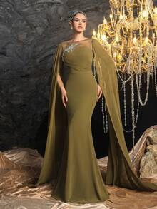 Đầm dạ hội kiểu Ả Rập dành cho nữ, cổ thuyền, tay dài, vạt đuôi cá - Thích hợp cho tiệc chiêu đãi cấp nhà nước, tiệc tối trang trọng, lễ trao giải lớn, tiệc tối trang trọng thanh lịch. - Màu xanh Ô liu - Xem 8