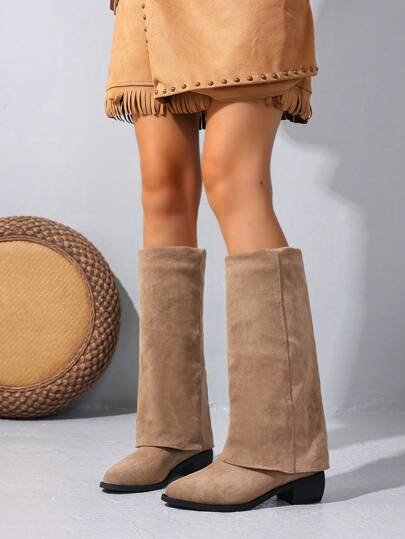 Autumn/Winter New Women Boots, Fashion Pointed Toe Leather French Thick Heel Over-The-Knee Boots, Slip-On, Black, Brown, Coffee, Khaki, Beige, Leopard, Red, Comfortable Western Cowgirl Folding Shaft Boots, Over-The-Knee Comfortable Versatile British Style Casual High Heel Riding Boots