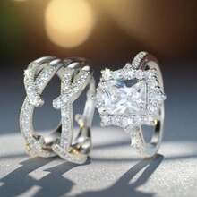 2 Pieces/Set Of Creative, Individual, Classic Princess-Style Inlaid Synthetic Zirconia Cross-Stackable Ladies' Rings, Festival And Anniversary Gifts, Daily Casual Jewelry - Bạc - Xem 6