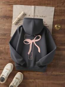 1 件女童休闲印花套头连帽衫，保暖内衬，长袖，秋冬学生服装