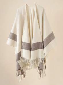1pc New Striped Tasseled Poncho/Cape, Warm & Fashionable Unisex Shawl Scarf For Autumn/Winter