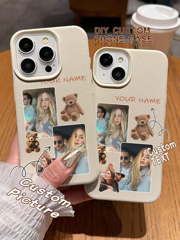 1 pieza Funda de teléfono con textura de patrón y texto o foto personalizada, compatible con iPhone 16/16 Pro Max/15/14/11 Pro Max/XR/7 Plus/13 Pro/12 Pro Max/11, regalo para pareja/mejor amigo, diseño protector de oso de dibujos animados, estrella, color chocolate