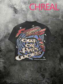 (Double Sided Printing)Astronaut  Printed Fashionable And  Soft And Comfortable Casual T-Shirt, Suitable For Both Men And Women - 黑色 - 查看 3