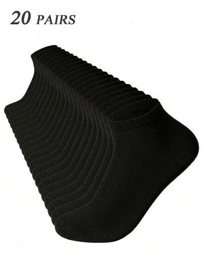 20 Pairs Men's Basic Black Solid Color Ankle Socks, Suitable For Daily Wear