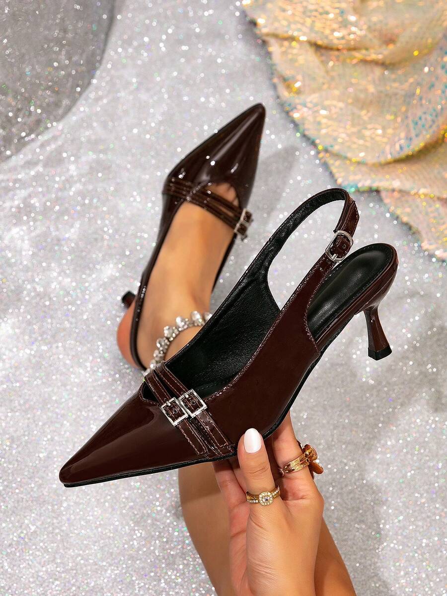 女士新款尖头高跟凉鞋，带扣，露背款式，春夏时尚，棕色