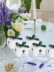10pcs/1pc Gift Boxes With Ribbons, Green Candy Boxes With Ribbon Paper Candy Boxes, Suitable For Wedding Cookies Chocolates Small Gifts/National Day Gift Boxes - S-green + Gold Ribbon - View 5