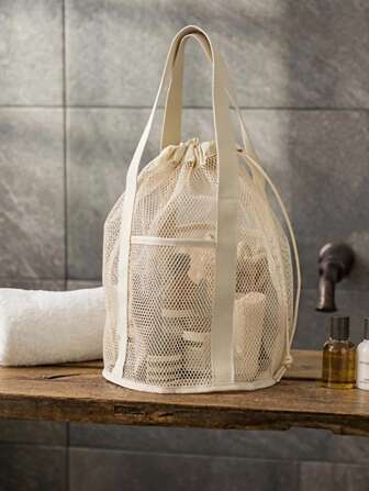 Bolso de malla plegable casual, bolso con cordón, bolsa de aseo, bolsa de viaje, bolsa de playa transparente de malla, bolsa de malla de gran capacidad, bolsa de aseo con cordón de nailon, bolso de almacenamiento, bolsillo con cordón, bolsa de natación portátil, bolsa de aseo, bolsa de viaje, artículos esenciales para la escuela, vacaciones, regreso a la escuela, bolsa de lavado, bolsa de aseo impermeable