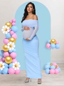 JustVH 孕妇露肩优雅褶饰网眼长裙，适合宝宝派对拍摄