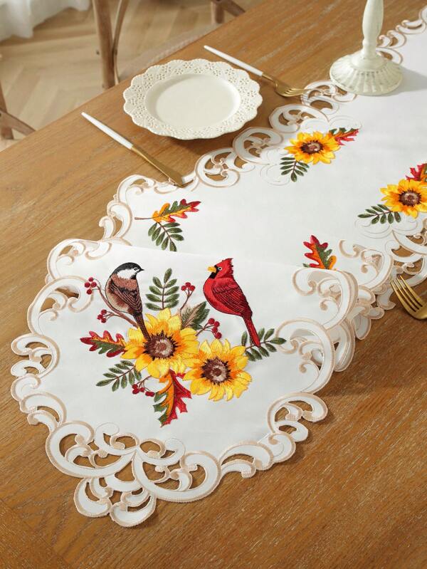 1 pieza Camino de mesa decorativo de tela de satén con bordado colorido de pájaro y flor, diseño hueco, adecuado para cocina, mesa de comedor, gabinete de TV, mesa de café, gabinete, sala de reuniones, fiesta, decoración del hogar, vacaciones, reunión familiar, picnic interior y exterior, cubierta antipolvo, decoraciones para fiestas y bodas, para todas las estaciones, disponible en múltiples tamaños