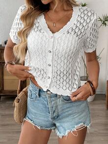 Women's Casual V-Neck Short Sleeve Knit Top, Loose Hollow-Out Design, Spring/Summer Beach Vacation Outfit, Minimalist Retro Style, Random Pattern, Suitable For Back To School Season And Autumn - Beige - View 5