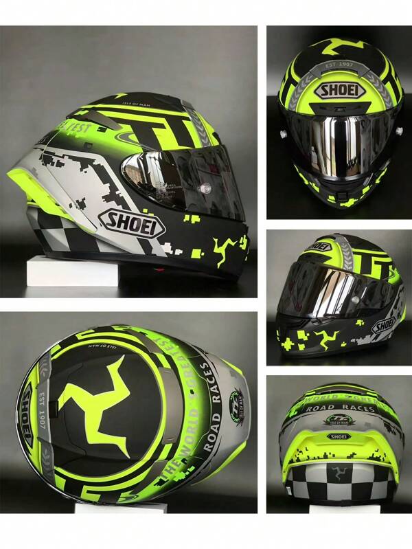 2025 Isle of Man TT neuester SHOEI Logo Motorradhelm mit Vollvisier, Mode Rennhelm für Damen und Herren, bequem zu tragen, exquisite Verarbeitung, stilvolle Grafik