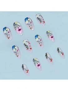 Enhance Your Look With 24Pcs Almond-Shaped Summer Painted Fresh Flower Wear Nail Art, Removable, Contains 1Pc Jelly Glue And 1Pc Nail File For Daily Wear And Parties Press On Nails Nail Supplies Nails