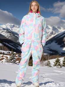 女款塗鴉風連身滑雪服，附拉鍊口袋與可拆式連帽，適合雪上運動，冬季戶外女款滑雪服，密封拉鍊防遺失設計，附拉鍊口袋滑雪服套裝，冬季運動滑雪服，適合戶外活動運動穿著，冬季滑雪裝備，強化結構，功能性滑雪裝備，雪上裝備，女款滑雪服套裝 - 彩色 - 查看 3