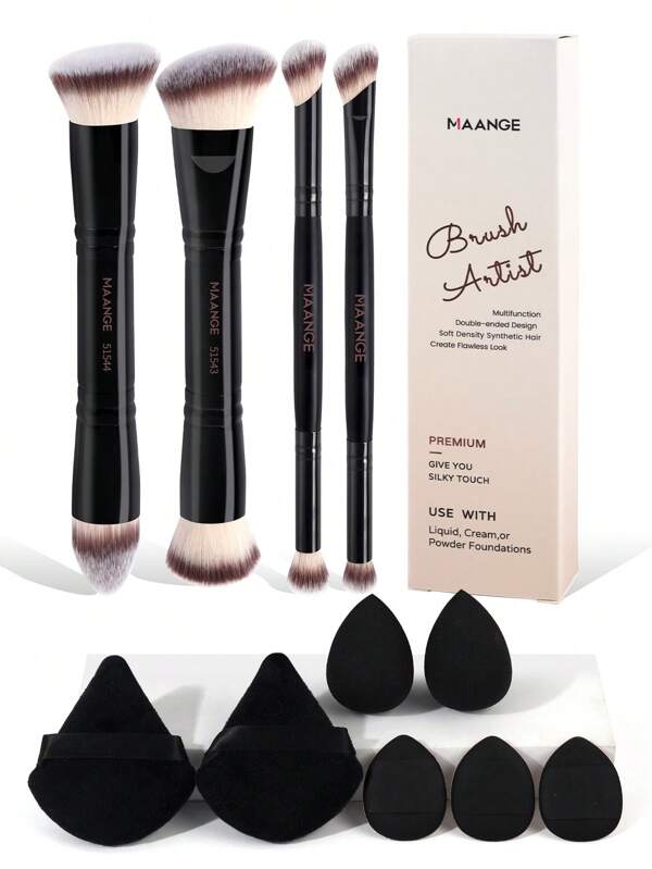 MAANGE Set de instrumente de machiaj moi cu 11 buc, cu 4 buc, pensule cosmetice profesionale cu două capete, inclusiv pensule pentru față, pensule pentru pudră, pensule pentru blush, pensule pentru corector, pensule pentru contur, pensule pentru conturul nasului, pensule pentru iluminator, pensule pentru fard de pleoape, pensule pentru detalii, pensule pentru fond de ten și 7 buc, bureți de machiaj cu dublă utilizare, pentru acasă sau în deplasare, accesorii pentru amestecuri de înfrumusețare, accesorii de machiaj, cadouri pentru prieteni