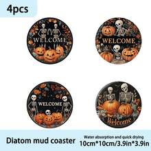 Set de 1/4/6 piezas: Posavasos de barro de diatomeas con estampado de calabaza de Halloween, posavasos de café con motivos florales, decoración multiusos para el hogar y restaurantes, regalos diarios, decoración de mesa, decoración temática para fiestas