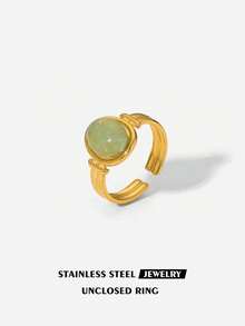 复古优雅椭圆形虎眼石可调节开口戒指，女士款 - 合成石、天然石、金色不锈钢，适合日常佩戴及特殊场合，亦可作为礼物 - 石頭 - 查看 14