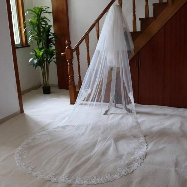1pc 3M Single Layer High-End Bone Lace Long Bridal Veil, Retro European Style Wedding Gown Accessories Head Piece
