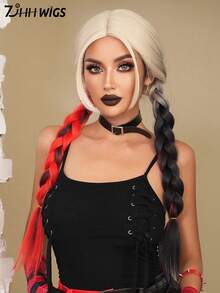 7JHH WIGS Tóc giả tết bím dài hai tông màu đen và đỏ tinh nghịch dài 28 inch - Tóc giả bằng sợi tổng hợp chịu nhiệt cao cấp, tóc giả hóa trang Punk Rock dành cho nữ và bé gái, hóa trang thành nhân vật phản diện trong truyện tranh Halloween và sử dụng trong tiệc theo chủ đề - Đỏ - Xem 5