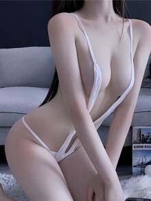 Sexy Plug V Neck Solid Color Backless Bodysuit, Women's Erotic Spaghetti Strap Hot Bodysuit - trắng - Xem 2