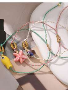 1 Piece Of Ocean Element Summer Small Fish Bead Pearl Crystal Natural Shell Bracelet, Beach Degree Starfish Crab Claw Pendant Bohemian Woven Bracelet - Multicolor - View 2