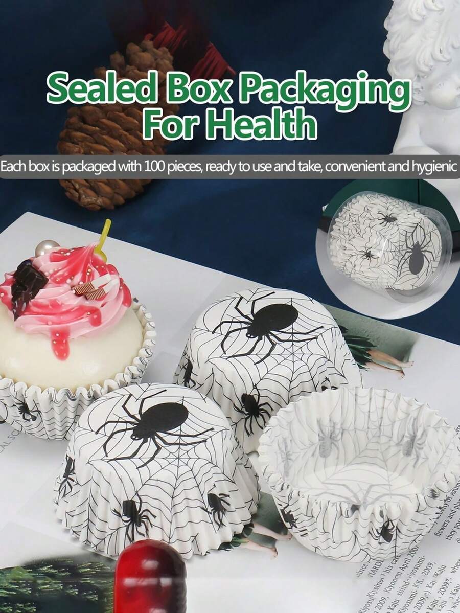 Soporte de papel para pastel de la serie de Halloween Xue Mei Niang, tubo portapapel resistente al aceite y a altas temperaturas con taza de pastel de fondo blanco y patrón Okumo, tema de reunión familiar, taza de papel para postre, fiesta de cumpleaños, con papel para pastel resistente al aceite.