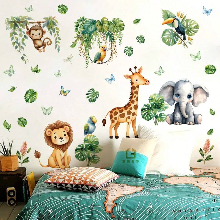 BRUP Autocolant de perete cu model de element natural cu animale acuarelă din junglă, pentru camera copiilor, dormitor, pepinieră, decorare, autocolant de perete - Multicolor - Vizualizare 1