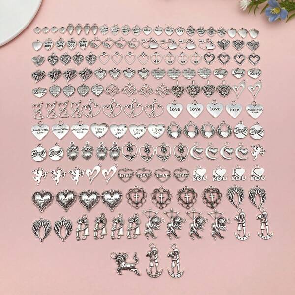 Set de 20/50/100 piezas de dijes de corazón de aleación plateada vintage - Suministros de manualidades DIY para hacer aretes, pulseras, collares y accesorios de llavero/bolso