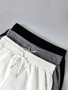 3 piezas Pantalones cortos casuales de unicolor, pantalones cortos deportivos con cintura elástica con cordón,pantalones cortos boxer, pantalones cortos jogger, pantalones cortos de activewear para mujer con cordón, - 3PCS - Ver 4