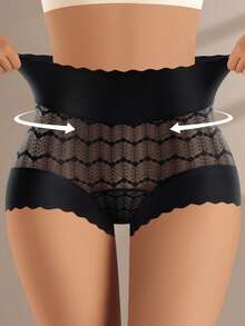 3 piezas de bragas moldeadoras de cintura alta sin costuras con encaje para mujeres - Negro - Ver 3