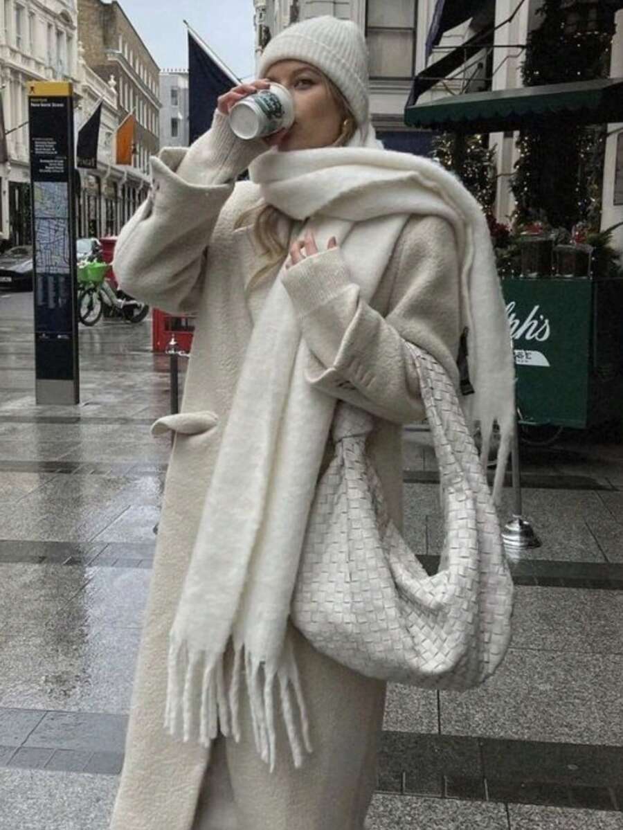 1条女士纯白色优雅加厚保暖流苏围巾，百搭学院风，适合秋冬季购物和穿搭 - 白色 - 查看 1